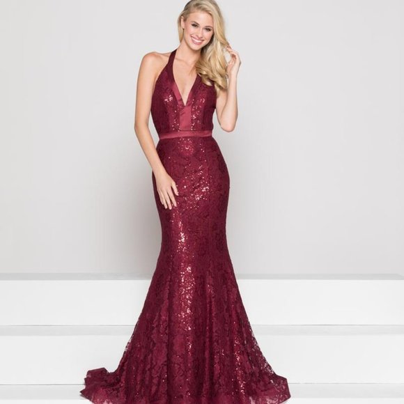 Colours Dresses & Skirts - Burgundy Halter Sexy Low Back Prom Dress, Size 0 2 4, Mermaid, Sequin & Lace
